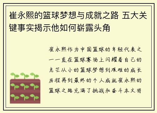 崔永熙的篮球梦想与成就之路 五大关键事实揭示他如何崭露头角